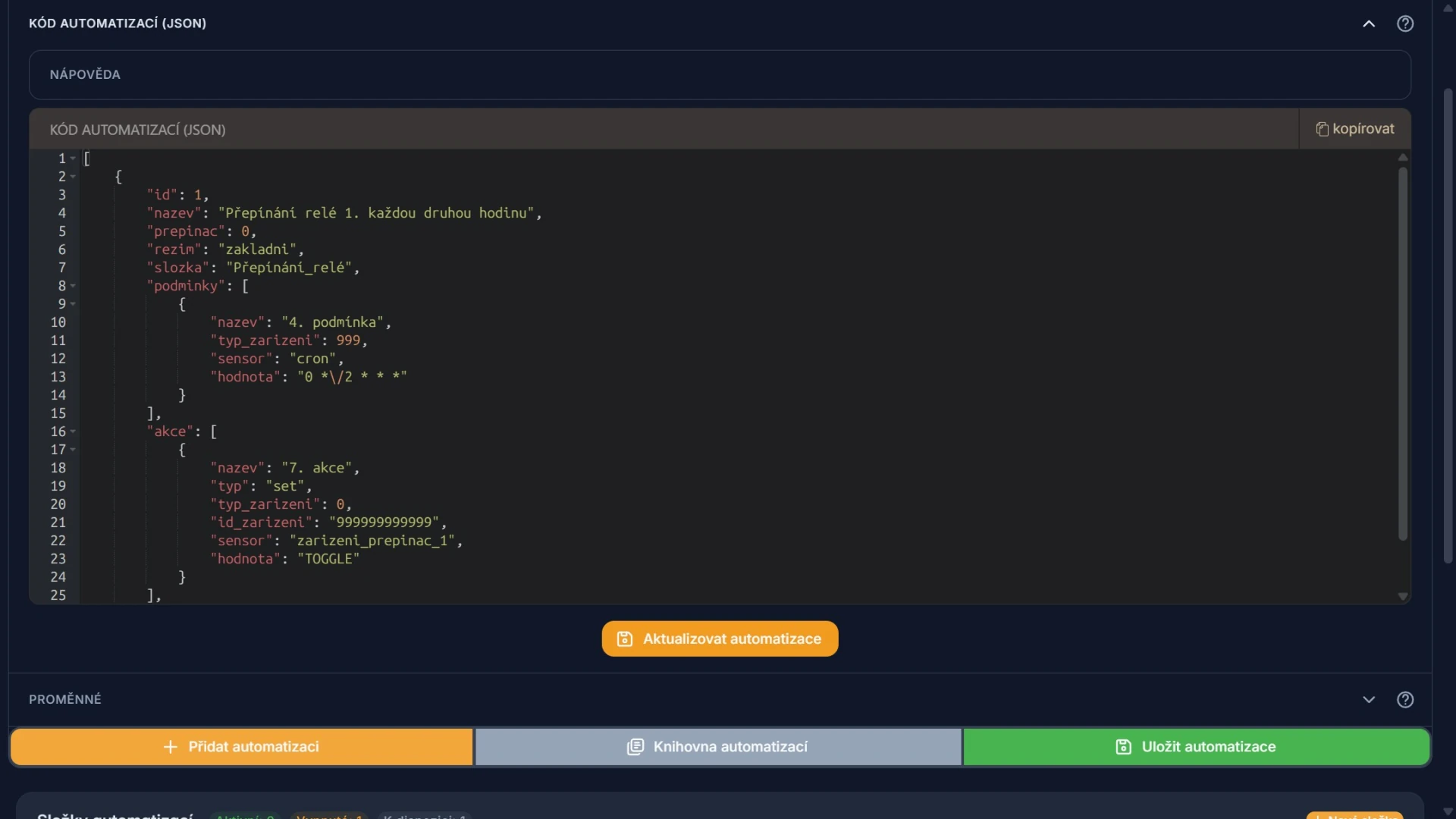 Editor kódu automatizací v JSON