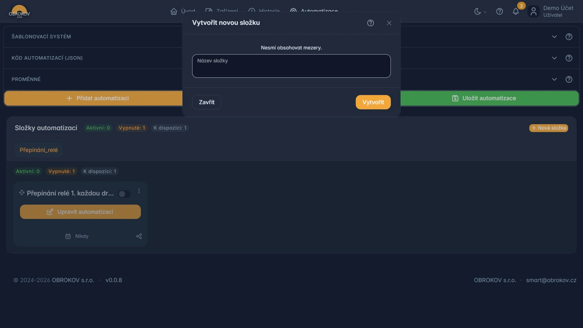 Dialog pro vytvoření nové složky automatizací